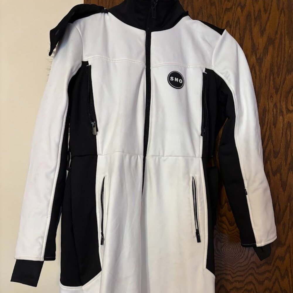 Topshop Sno Ski Suit All in One Faux Fur Hood Black &White Snow (size 14 Petite)